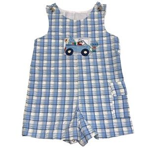 Vintage Good Lad Boys Plaid Blue Overalls with Dog Beach and Car Applique 24M